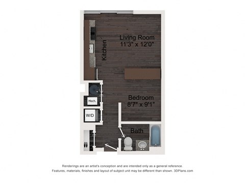 Floor plan for studio, 1 bath, 514 sqft